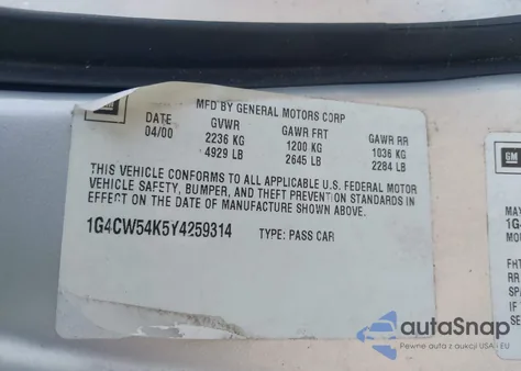 2000 Buick Park Avenue from USA, damaged, VIN 1G4CW54K5Y4259314